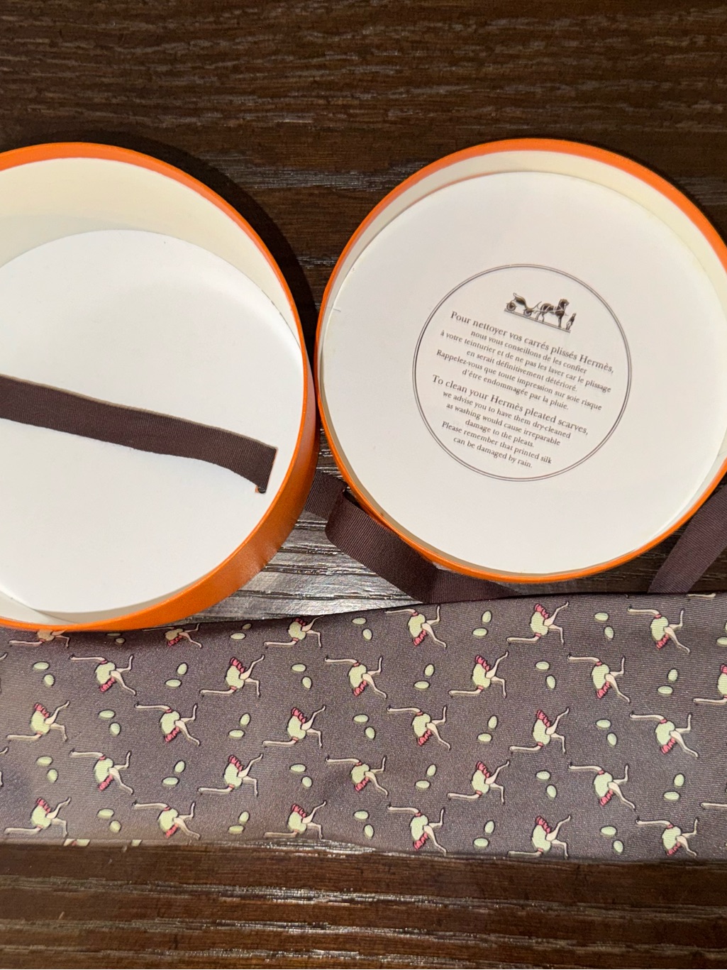 Hermes Brown Silk Tennis Player Motif Tie With Cream And Pink Accents